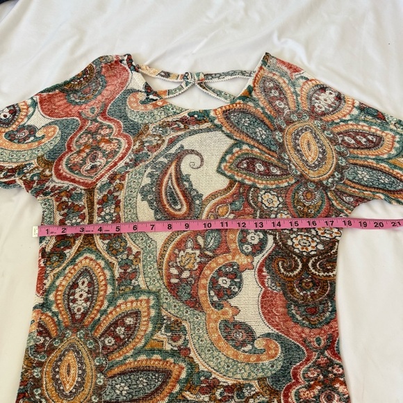 Chico's Women's Paisley Cross-back Detail 3/4 Sleeve Sweater 00 xs Colorful Knit - Picture 4 of 6